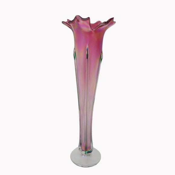 Ron Mynatt 2002 Signed Pink Iridescent Hand Blown Glass 13" Petal Vase - Picture 1 of 7